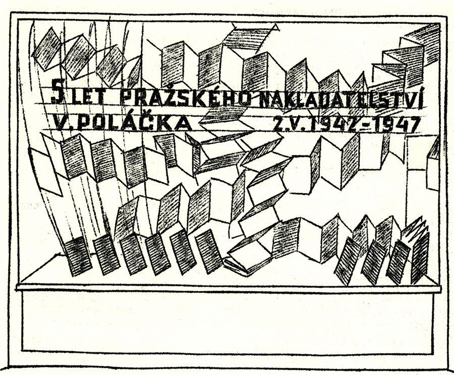 Návrh úpravy výkladní skříně knihkupectví F. Topič k 5. výročí Pražského nakladatelství (1947)